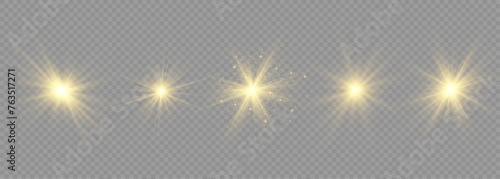 Set of golden glowing lights effects isolated on transparent background. Solar flare with rays and spotlight. Glow effect. Starburst with sparkles.