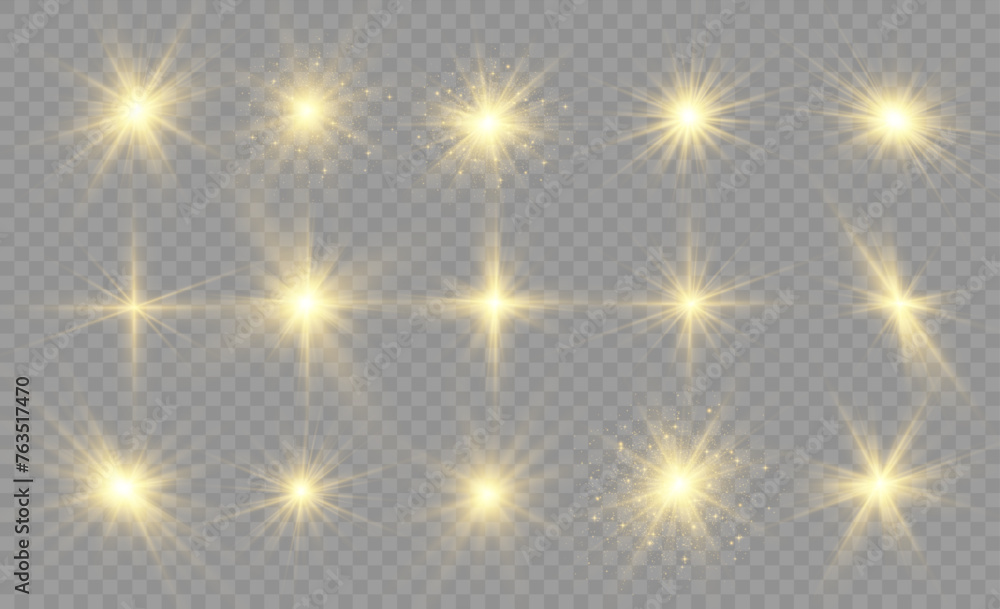 Set of golden glowing lights effects isolated on transparent background. Solar flare with rays and spotlight. Glow effect. Starburst with sparkles. Set of golden glowing lights effects isolated on transparent background. Solar flare with rays and spotlight. Glow effect. Starburst with sparkles.
