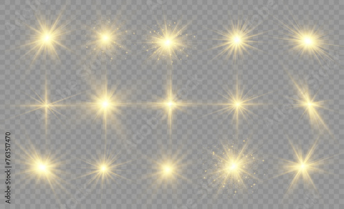 Set of golden glowing lights effects isolated on transparent background. Solar flare with rays and spotlight. Glow effect. Starburst with sparkles.