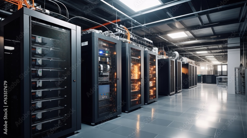 Depict a state of the art data center with rows of server racks, cooling systems, and redundant power supplies Depict a state of the art data center with rows of server racks, cooling systems, and redundant power supplies