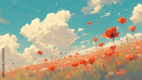 Abstract colorful floral landscape painting with poppies and clouds in the sky
