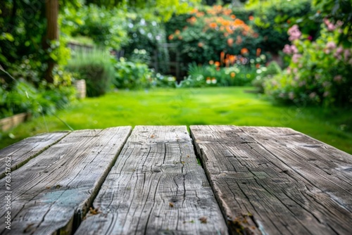 Wood tabletop podium floor in outdoors tropical garden forest blurred green leaf plant nature background.