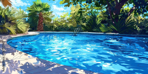 Bask in the serenity of this lush poolside paradise, beautifully captured in vibrant hues