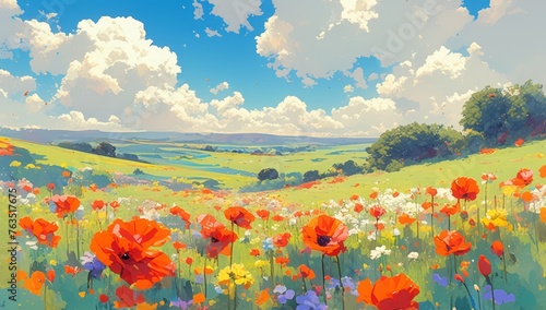 Abstract colorful floral landscape painting with poppies and clouds in the sky