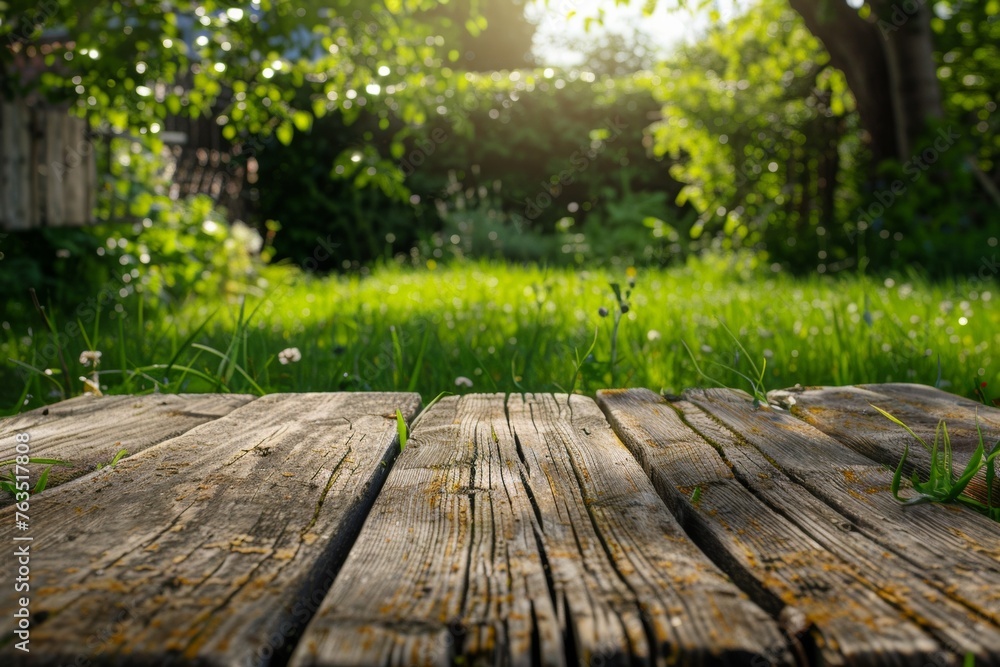 Wood tabletop podium floor in outdoors tropical garden forest blurred green leaf plant nature background. Wood tabletop podium floor in outdoors tropical garden forest blurred green leaf plant nature background.