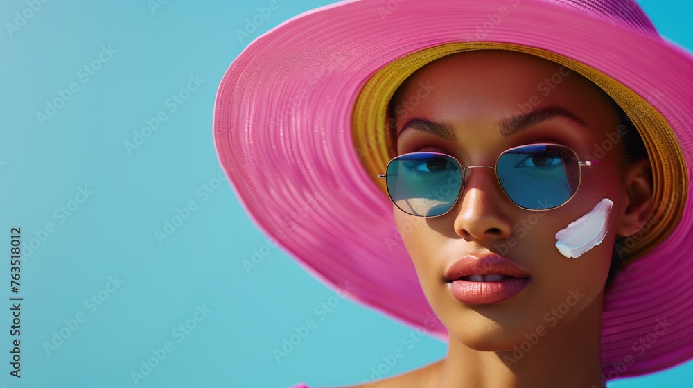 Summer Beauty Portrait: Mixed Race Woman with Sun Cream, Blue Sunglasses, and Pink Summer Hat Against Blue Sky Background