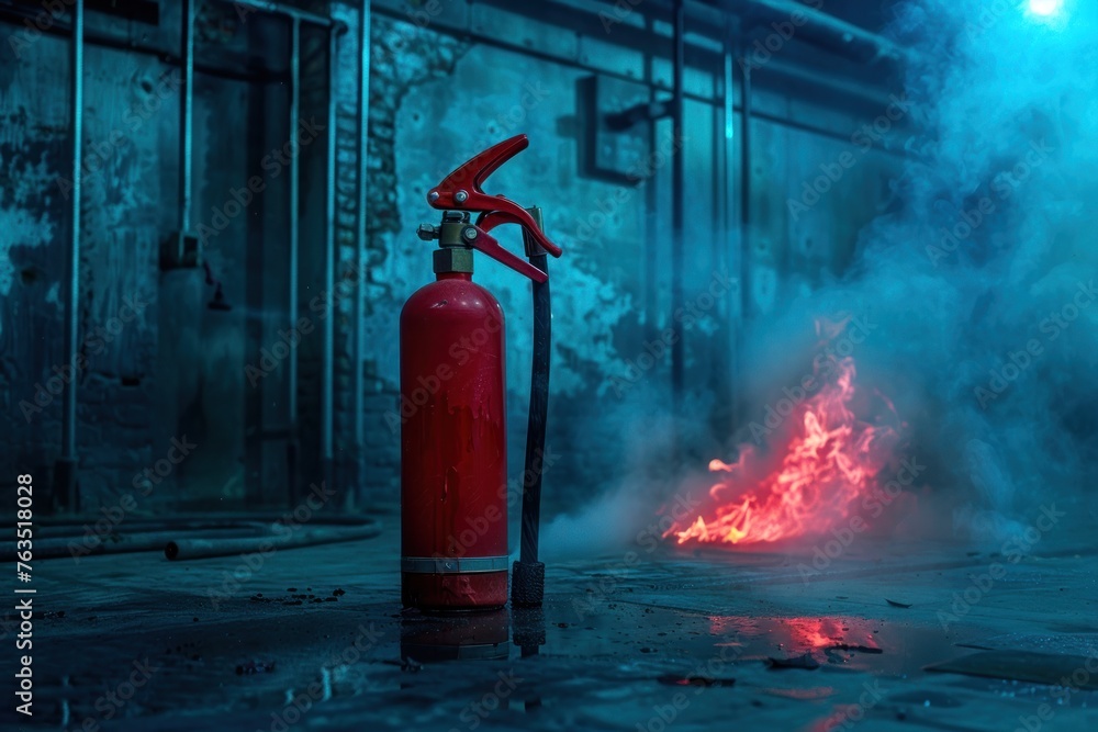 Obraz premium A red fire extinguisher is sitting on the ground next to a fire. The extinguisher is red and has a silver top. Scene is tense and serious
