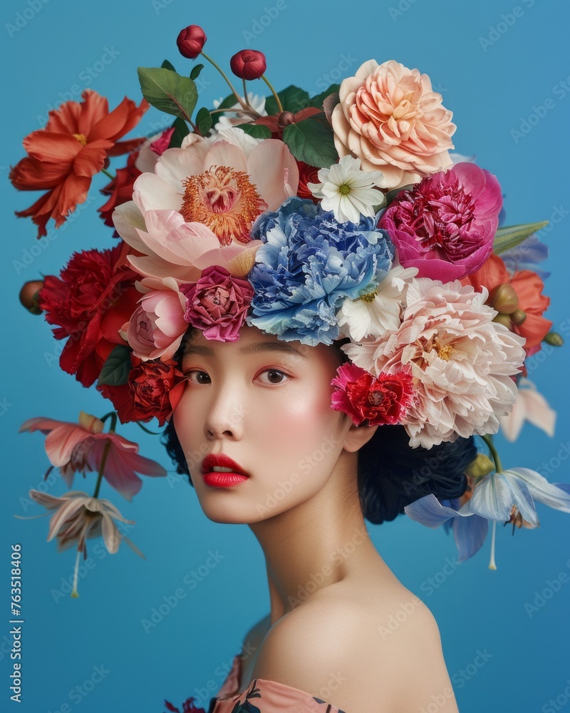 The head of a person creatively substituted with a bountiful explosion of flowers, symbolizing celebration and the flourishing of life