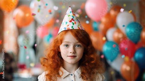 little girl with ginger hair in birthday hat, balloons and birthday decoration on background