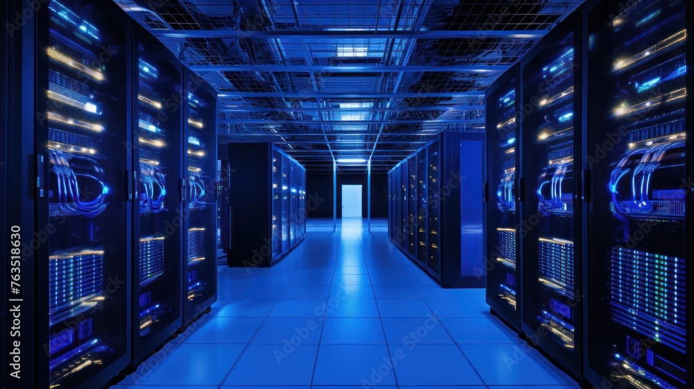 Depict a state of the art data center with rows of server racks, cooling systems, and redundant power supplies Depict a state of the art data center with rows of server racks, cooling systems, and redundant power supplies