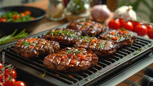 electric grill with tasty steaks and tomatoes on table
