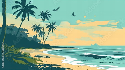 Caribbean tropical coast landscape, beach seascape paradise with palm trees