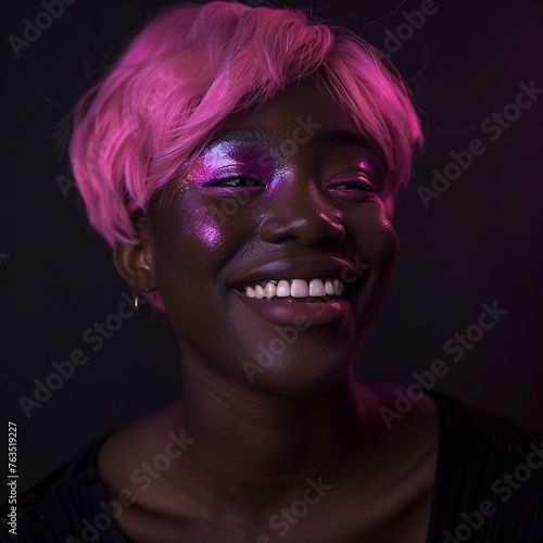 Experience the glow of beauty with this skincare portrait of a happy 20-year-old African model showcasing pink hair. Set against a soft backdrop, enhanced with a luminous filter effect  © Silvana