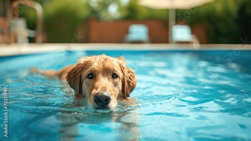 dog bathing in pool  happy summer bathing