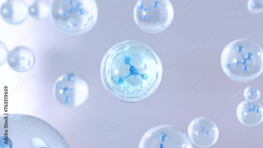Many atoms of cosmetics float in the water. Molecule inside a liquid bubble. Essence Ball Molecules. Many atoms of cosmetics float in the water. Molecule inside a liquid bubble. Essence Ball Molecules.