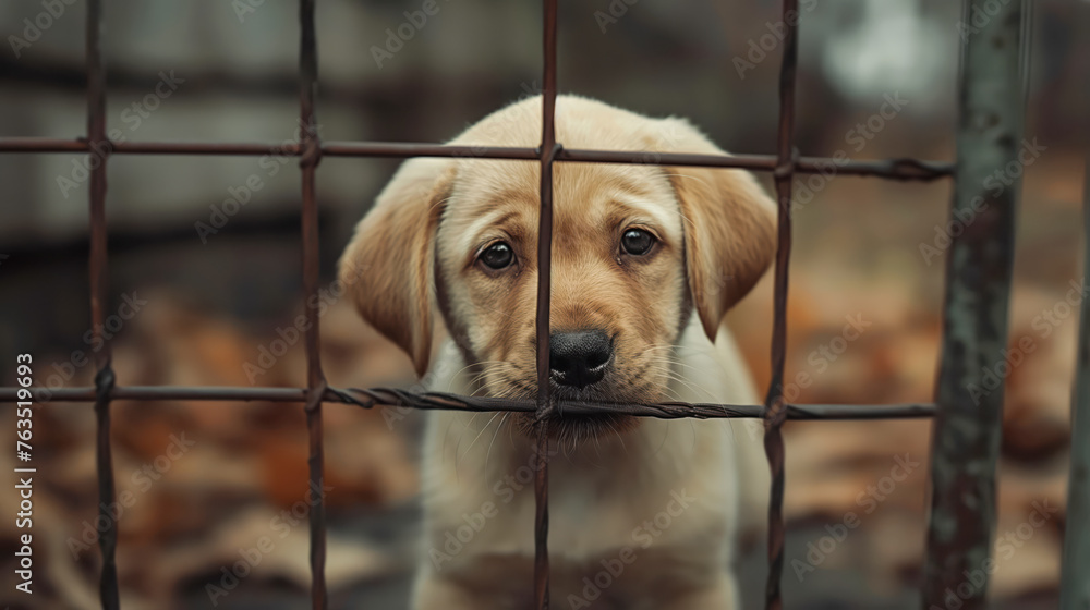 Dog Heartbreak Behind Bars, Shedding Light on Puppy Mills' Tragic Puppies, A Cry for Compassion and Adoption Amidst Sorrow. - obrazy, fototapety, plakaty 