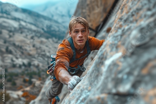 A brave young boy conquers the rocky terrain, his determined face and sturdy clothing showing his love for outdoor adventure and mountain climbing photo
