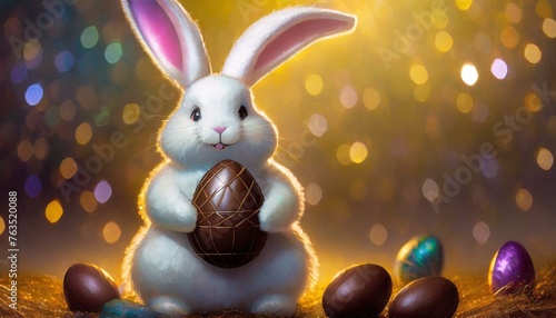 An Easter bunny holding a chocolate Easter egg on yellow background.	