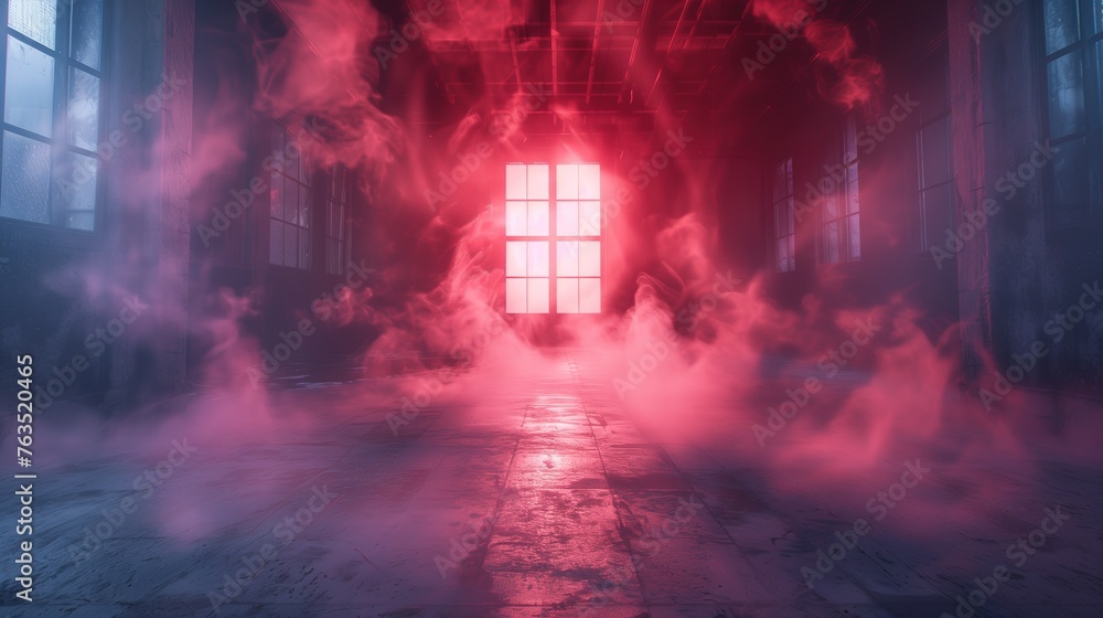 Industrial Warehouse with Red Fog: Empty Space for Photography