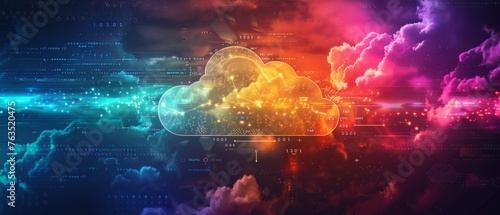 Abstract digital background with cloud technology and binary code, representing a data transfer concept, with glowing lights and interconnected connections Generative AI photo