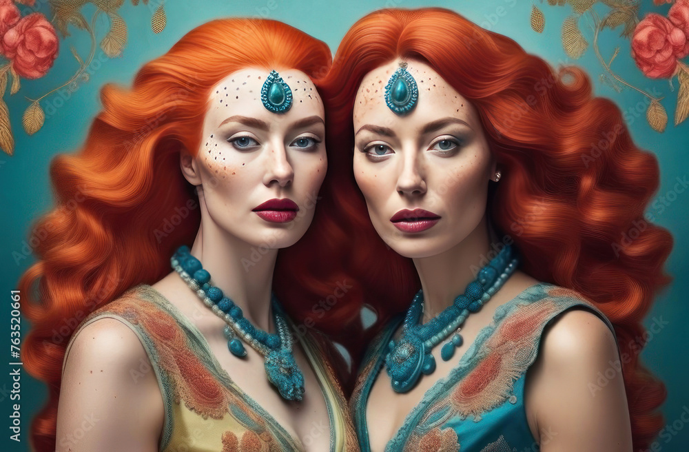 Explore the mystic allure of these twin red-haired beauties adorned with turquoise jewelry
