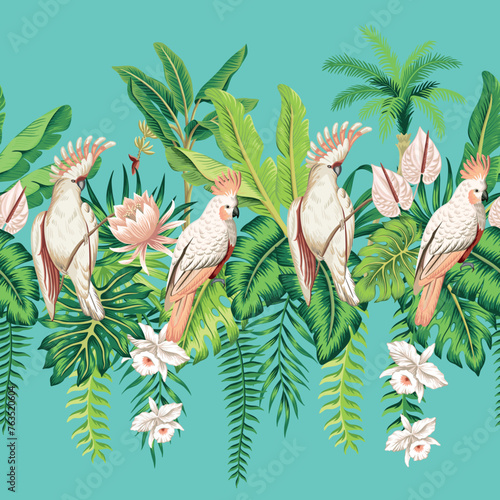 Tropical pink cockatoo parrots, green palm leaves, banana tree, pink lotus flower, orchid floral seamless pattern blue background. Exotic jungle wallpaper.