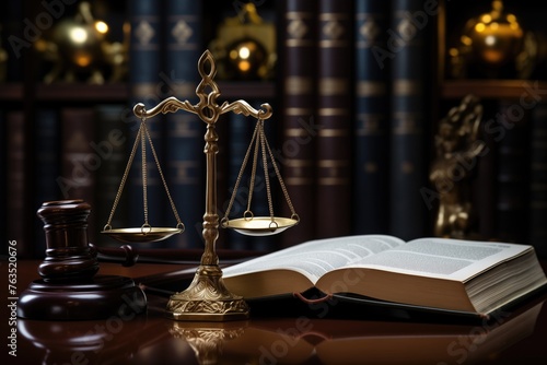 symbols of law and justice such as a hammer and scales on the table