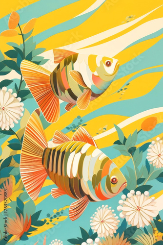 Dive into a vibrant underwater oasis with this artistic depiction of colorful fish