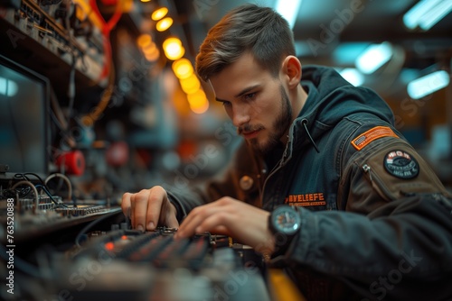 A focused technician clad in work clothes intently tinkers with a complex electronic machine in a bustling indoor workshop, his determined human face reflecting the passion and precision required for