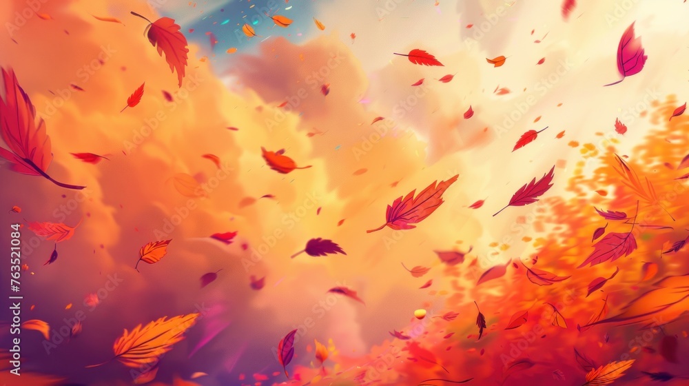 Fototapeta premium A painting of a sky with leaves falling from it. The leaves are scattered all over the painting, creating a sense of movement and chaos. The sky is filled with clouds