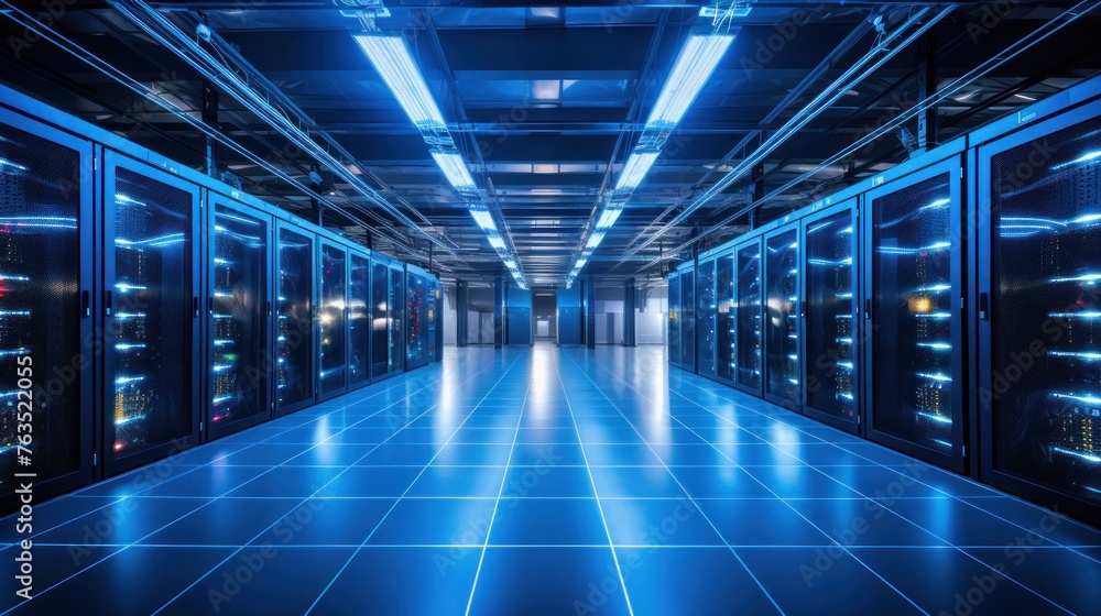 Depict a state of the art data center with rows of server racks, cooling systems, and redundant power supplies Depict a state of the art data center with rows of server racks, cooling systems, and redundant power supplies