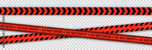 Realistic red barricade tape. Police warning line. Danger or hazard stripe. Under construction sign. Vector illustration. photo