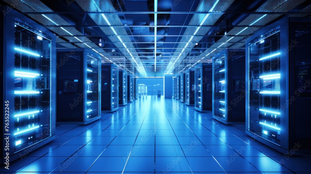 Depict a state of the art data center with rows of server racks, cooling systems, and redundant power supplies Depict a state of the art data center with rows of server racks, cooling systems, and redundant power supplies