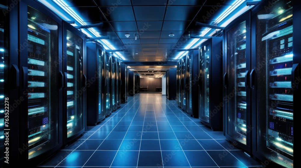 Depict a state of the art data center with rows of server racks, cooling systems, and redundant power supplies Depict a state of the art data center with rows of server racks, cooling systems, and redundant power supplies