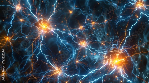 Conceptual illustration of neuron cells with glowing link knots in abstract dark space, high resolution