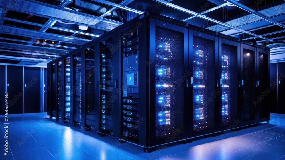 Depict a state of the art data center with rows of server racks, cooling systems, and redundant power supplies Depict a state of the art data center with rows of server racks, cooling systems, and redundant power supplies
