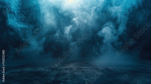 Photography Studio Space, Spotlight Illuminating White and Blue Smoke in Empty Dark Space