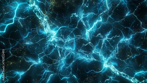 Conceptual illustration of neuron cells with glowing link knots in abstract dark space, high resolution