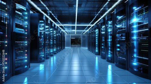 Depict a state of the art data center with rows of server racks  cooling systems  and redundant power supplies