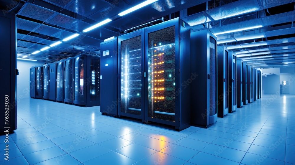 Depict a state of the art data center with rows of server racks, cooling systems, and redundant power supplies Depict a state of the art data center with rows of server racks, cooling systems, and redundant power supplies