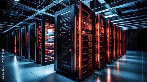 Depict a state of the art data center with rows of server racks, cooling systems, and redundant power supplies