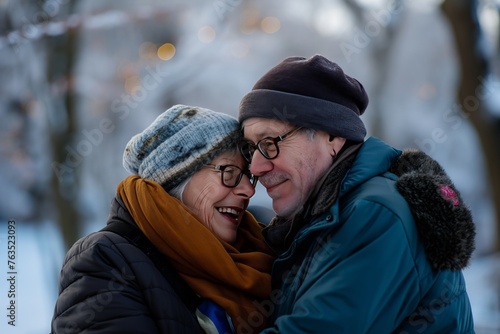 A couple shares a warm embrace and kiss in the snowy outdoors, with the woman wearing glasses and a winter jacket
