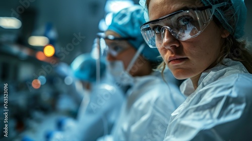  A close-up captures the intense focus of surgeons in scrubs and protective gear, preparing diligently for a surgical procedure in a sterile environment
