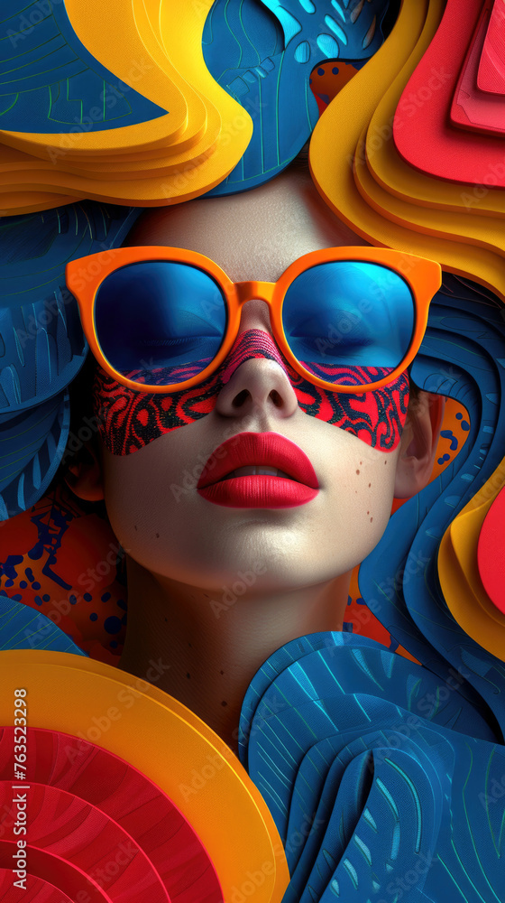 Obraz premium Image of a girl's makeup in the Cluttercore trend using rich colors and bold strokes.