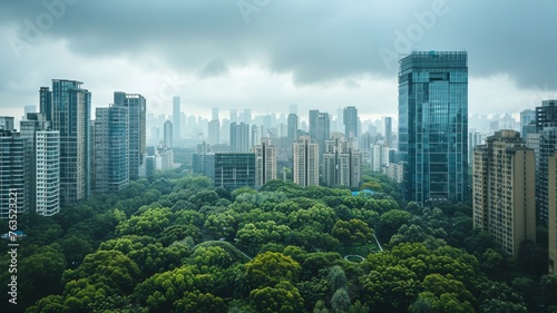 a developed city and a green park, wide angle city view
