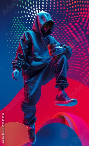 Vibrant 3D rendered faceless person in dynamic jump in blue hoodie and colorful abstract background. ©  valentinaphoenix