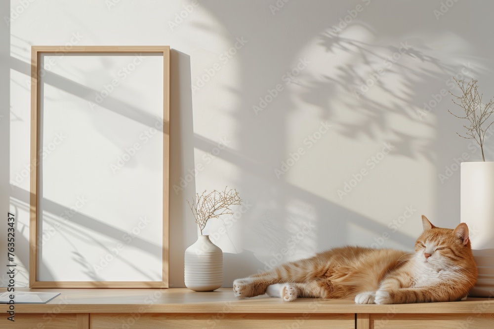 Fototapeta Frame or Poster mock up in living room and cat with window shadow on white wall background.

