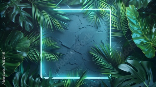 Square Neon glowing lights with neon green leaves on blue background