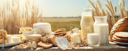 Rustic bread and dairy set on wooden table