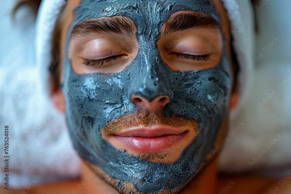 Man Relaxing with a Charcoal Facial Mask Treatment. Generative ai Man Relaxing with a Charcoal Facial Mask Treatment. Generative ai